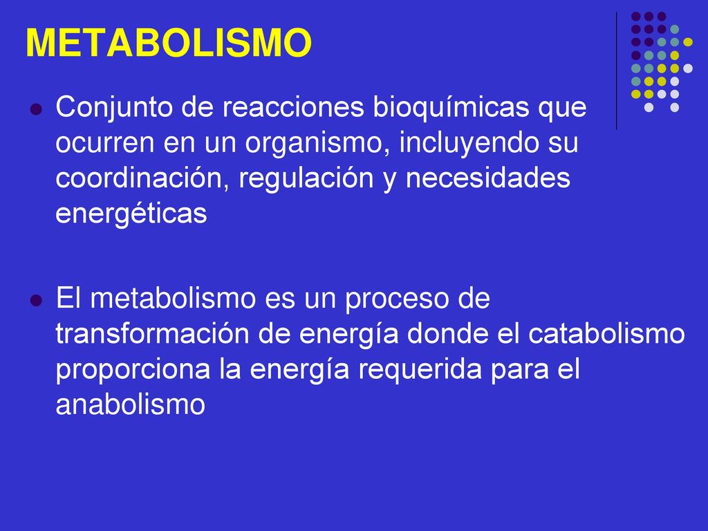 METABOLISMO Conjunto de reacciones bioquímicas que ocurren en un organismo, incluyendo su coordinación, regulación y necesidades energéticas.