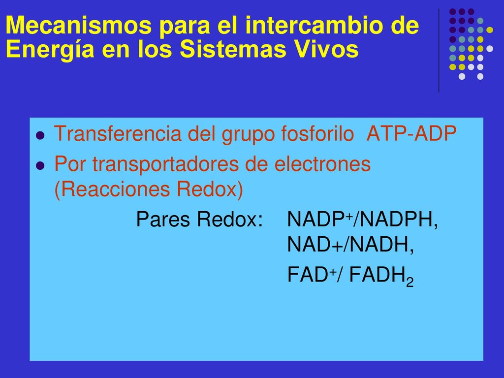 Mecanismos para el intercambio de Energía en los Sistemas Vivos