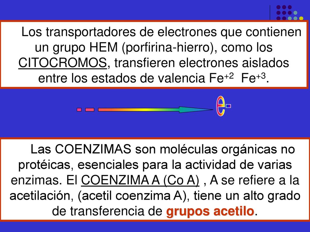 Los transportadores de electrones que contienen un grupo HEM (porfirina-hierro), como los CITOCROMOS, transfieren electrones aislados entre los estados de valencia Fe+2 Fe+3.