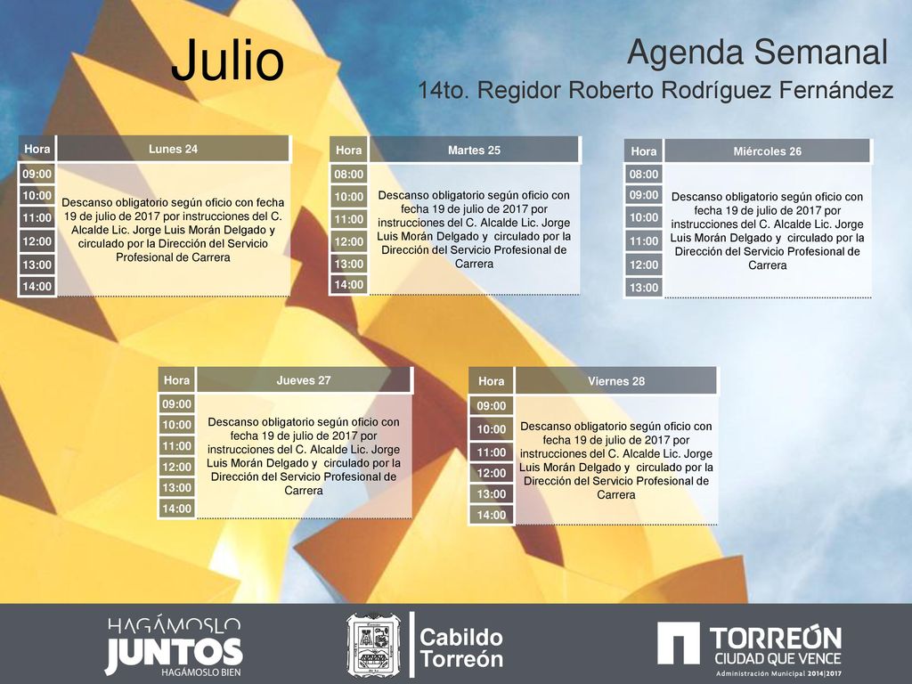 Julio Agenda Semanal 14to. Regidor Roberto Rodríguez Fernández Cabildo