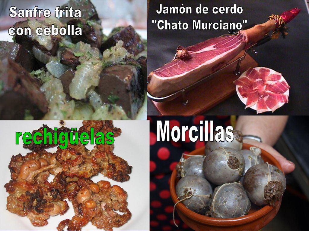 Jamón de cerdo Chato Murciano Sanfre frita con cebolla Morcillas rechigüelas