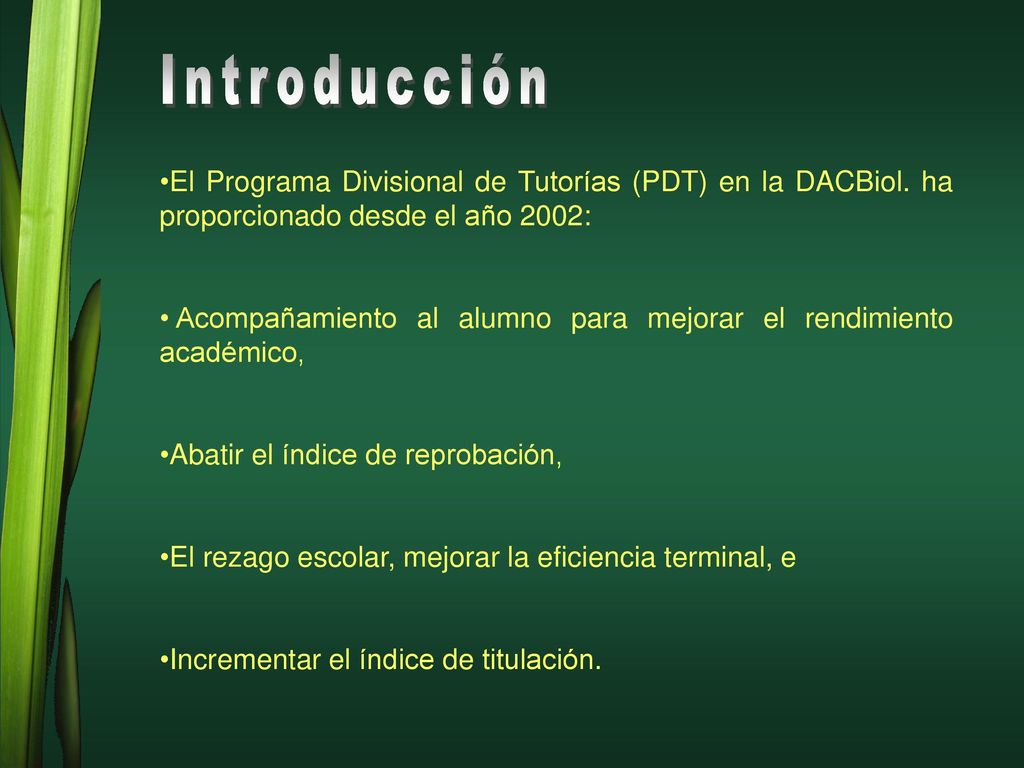 Introducción El Programa Divisional de Tutorías (PDT) en la DACBiol. ha proporcionado desde el año 2002:
