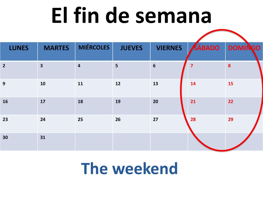 El fin de semana The weekend LUNES MARTES JUEVES VIERNES SÁBADO