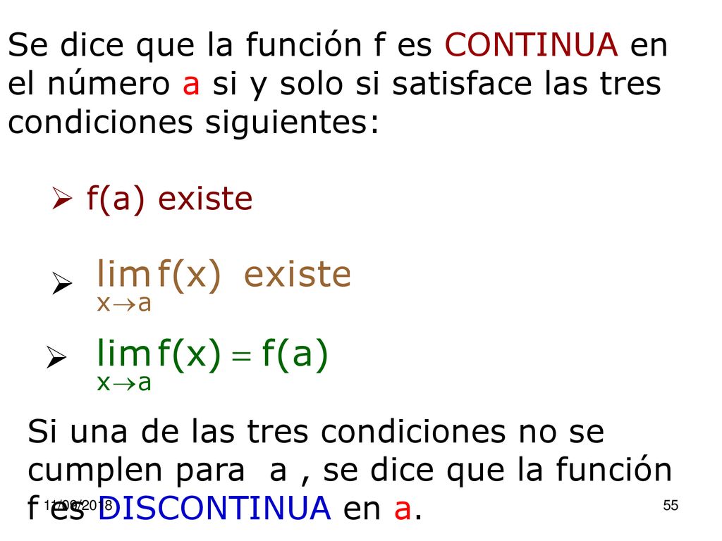 Se dice que la función f es CONTINUA en el número a si y solo si satisface las tres condiciones siguientes: