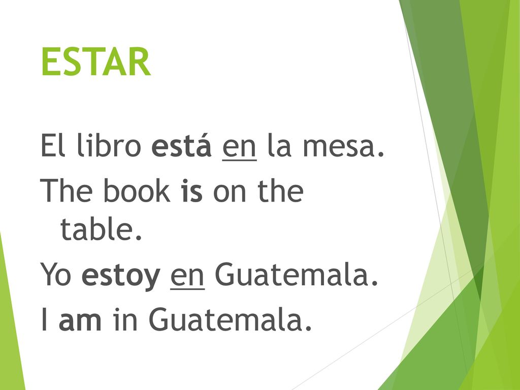ESTAR El libro está en la mesa. The book is on the table.