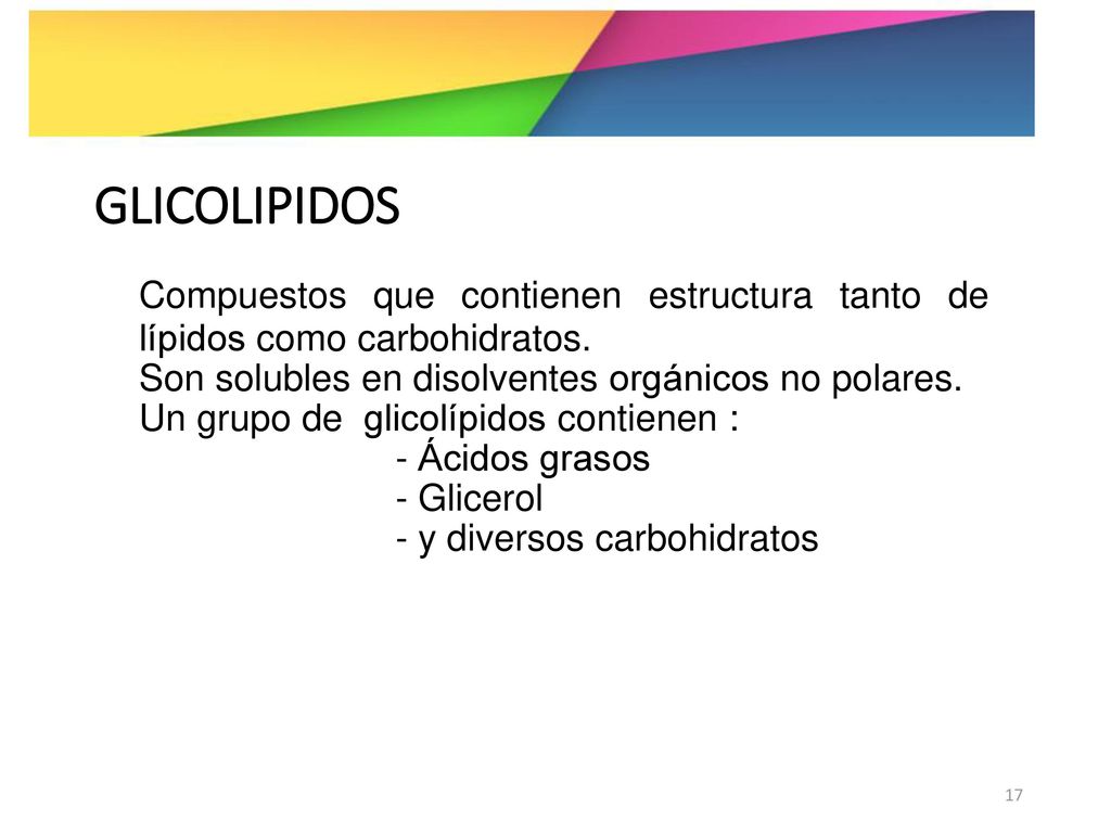 GLICOLIPIDOS Compuestos que contienen estructura tanto de lípidos como carbohidratos. Son solubles en disolventes orgánicos no polares.