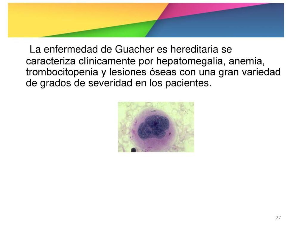 La enfermedad de Guacher es hereditaria se caracteriza clínicamente por hepatomegalia, anemia, trombocitopenia y lesiones óseas con una gran variedad de grados de severidad en los pacientes.
