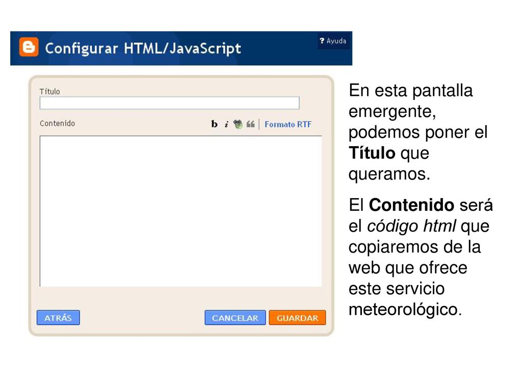 En esta pantalla emergente, podemos poner el Título que queramos.