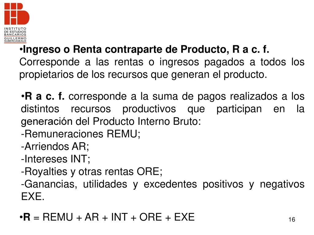 Ingreso o Renta contraparte de Producto, R a c. f.