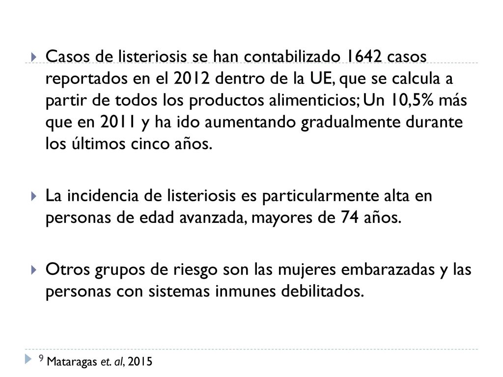 Casos de listeriosis se han contabilizado 1642 casos reportados en el 2012 dentro de la UE, que se calcula a partir de todos los productos alimenticios; Un 10,5% más que en 2011 y ha ido aumentando gradualmente durante los últimos cinco años.
