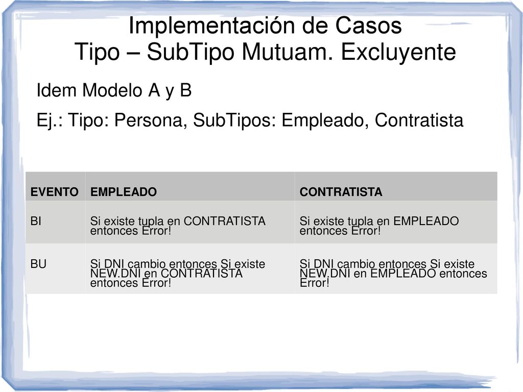 Implementación de Casos Tipo – SubTipo Mutuam. Excluyente