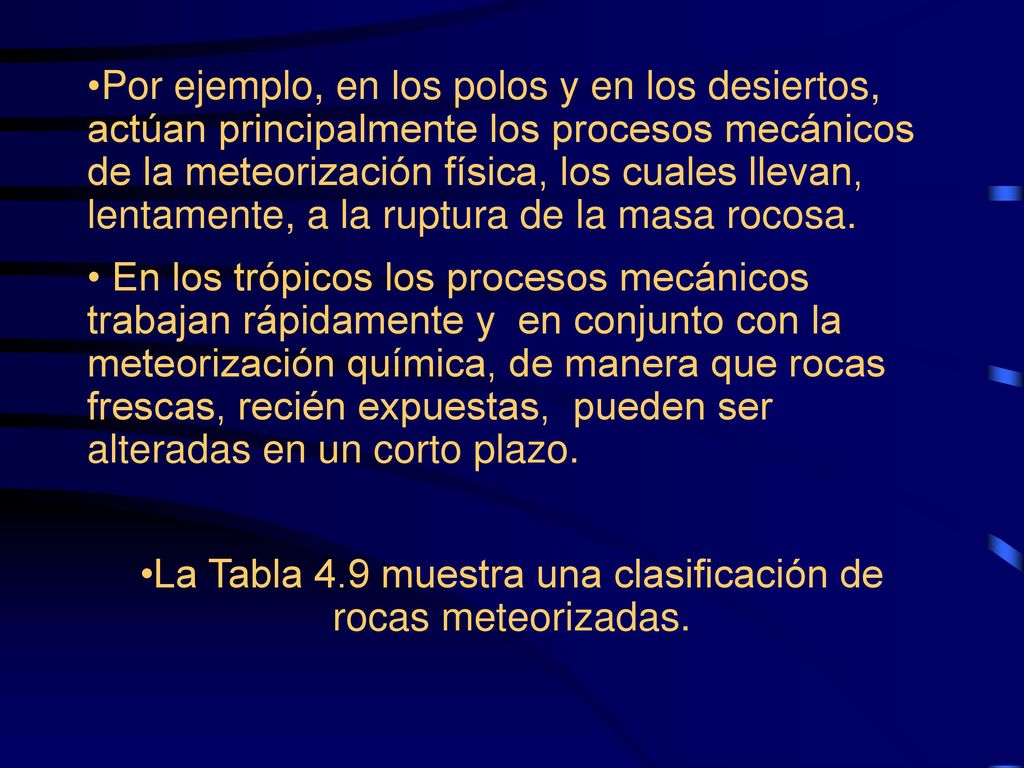 La Tabla 4.9 muestra una clasificación de rocas meteorizadas.