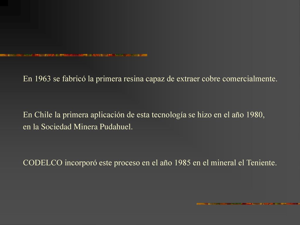 En 1963 se fabricó la primera resina capaz de extraer cobre comercialmente.