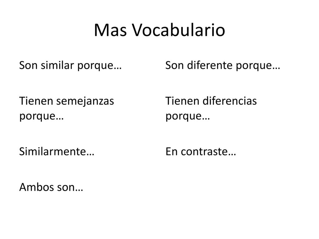 Mas Vocabulario Son similar porque… Tienen semejanzas porque… Similarmente… Ambos son…