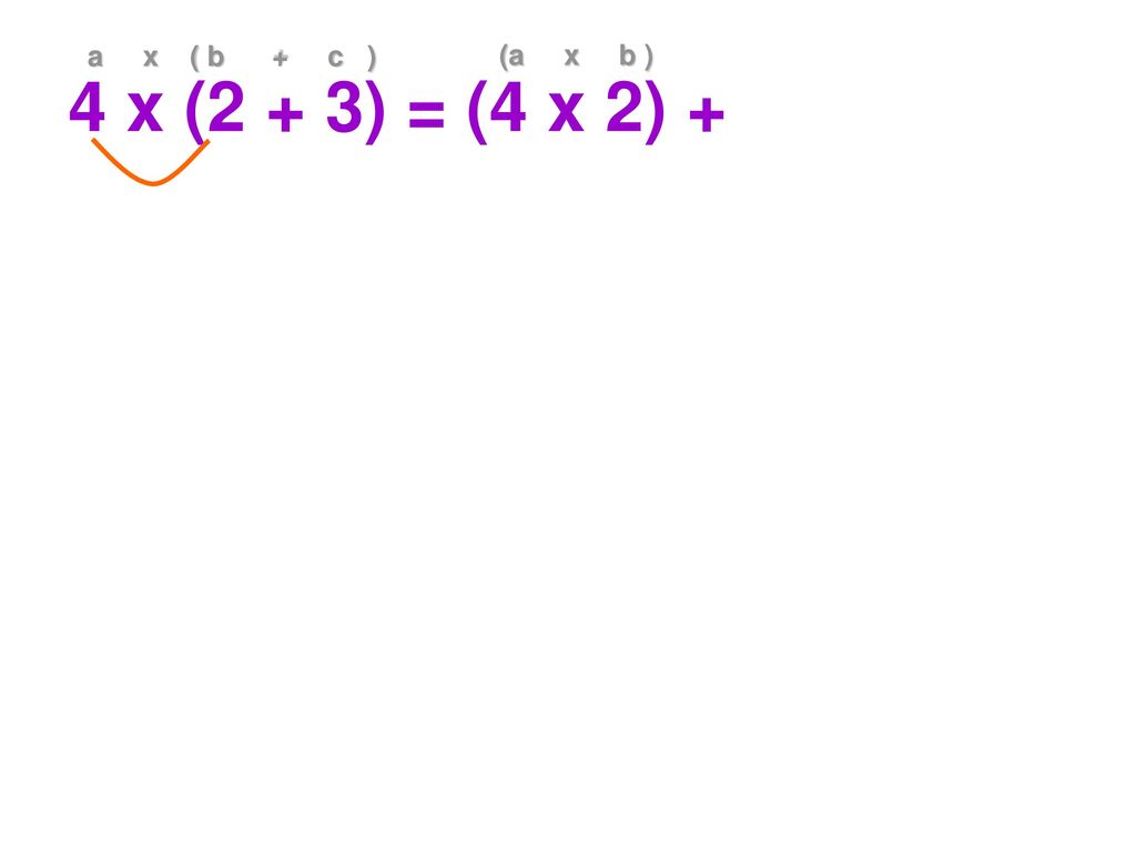 4 x (2 + 3) = (4 x 2) + a x ( b + c ) (a x b )
