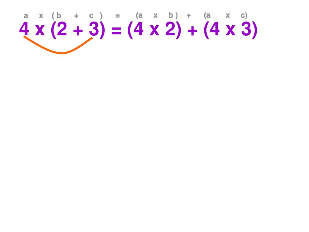 4 x (2 + 3) = (4 x 2) + (4 x 3) a x ( b + c ) = (a x b ) + (a x c)