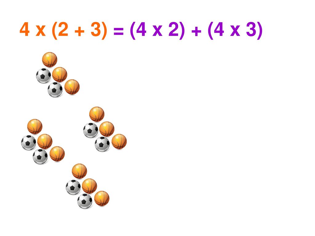 4 x (2 + 3) = (4 x 2) + (4 x 3)