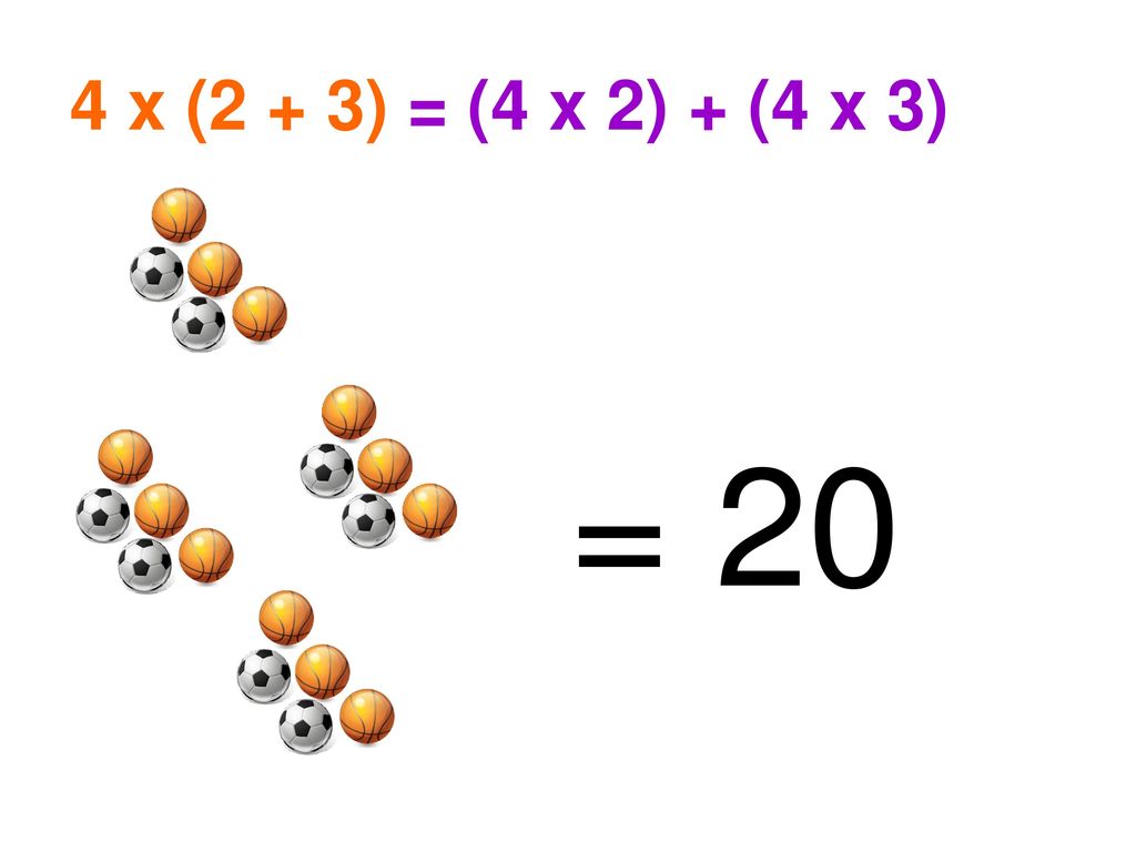 4 x (2 + 3) = (4 x 2) + (4 x 3) = 20