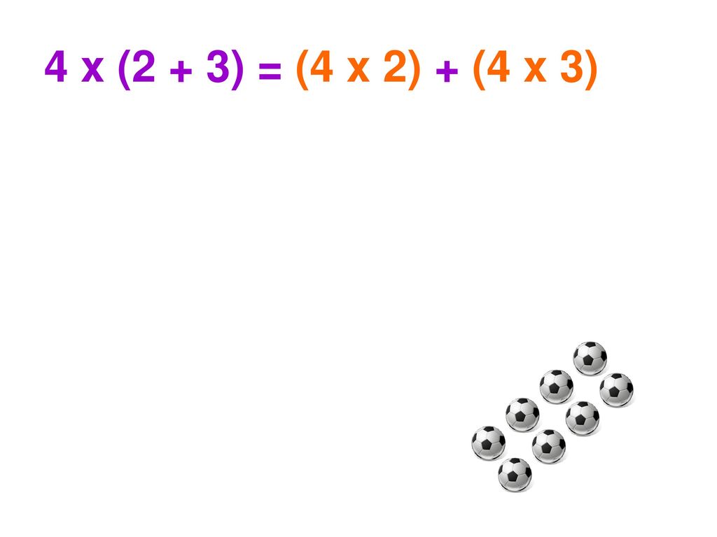 4 x (2 + 3) = (4 x 2) + (4 x 3)