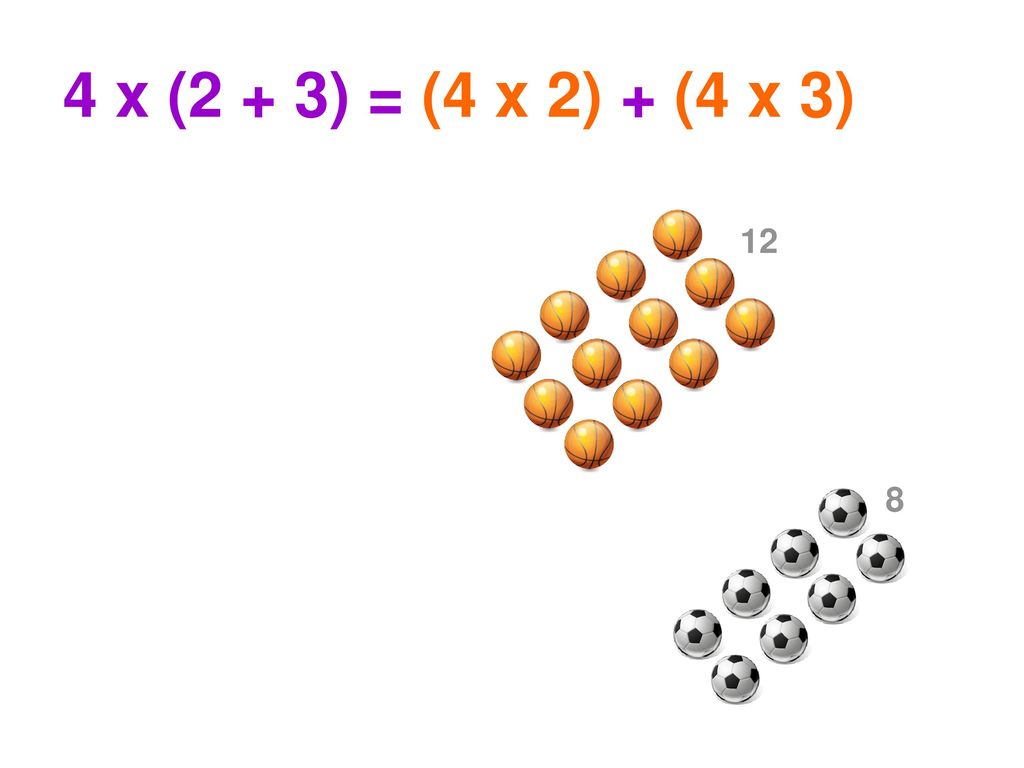4 x (2 + 3) = (4 x 2) + (4 x 3) 12 8