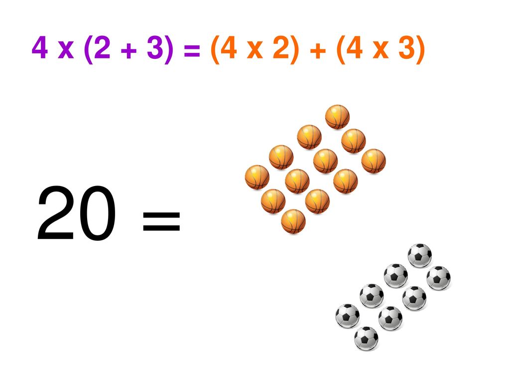 4 x (2 + 3) = (4 x 2) + (4 x 3) 20 =