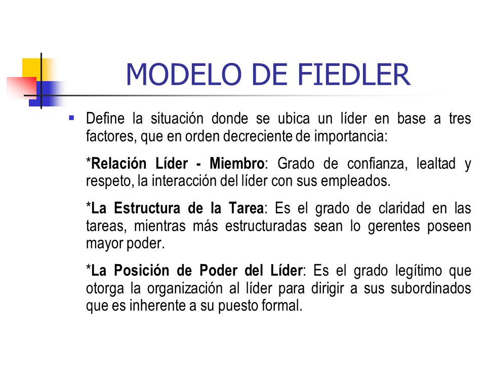 MODELO DE FIEDLER Define la situación donde se ubica un líder en base a tres factores, que en orden decreciente de importancia: