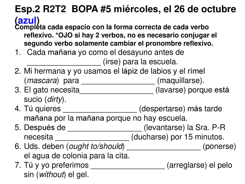 Esp.2 R2T2 BOPA #5 miércoles, el 26 de octubre (azul)
