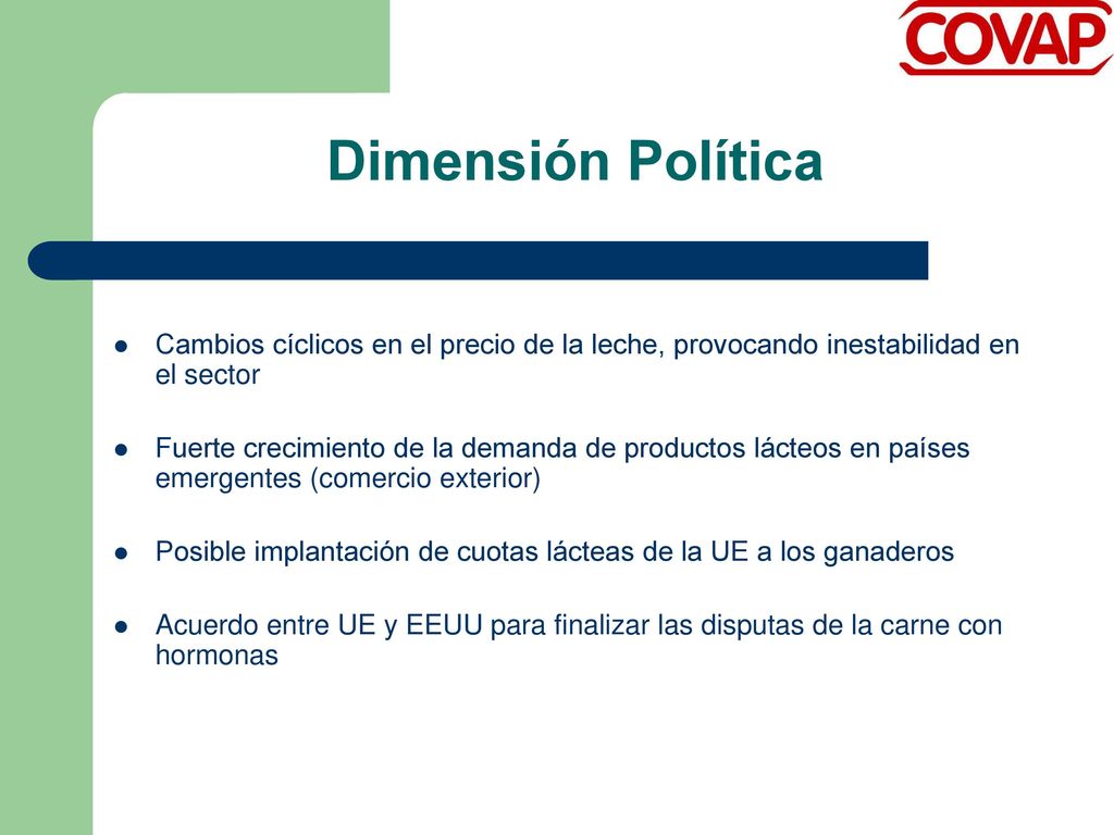 Dimensión Política Cambios cíclicos en el precio de la leche, provocando inestabilidad en el sector.