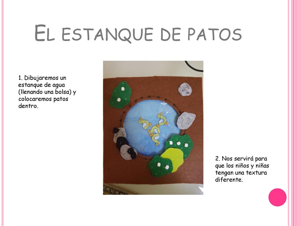 El estanque de patos 1. Dibujaremos un estanque de agua (llenando una bolsa) y colocaremos patos dentro.