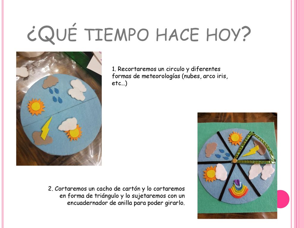 ¿Qué tiempo hace hoy 1. Recortaremos un circulo y diferentes formas de meteorologías (nubes, arco iris, etc…)