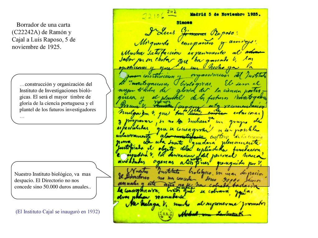 Borrador de una carta (C22242A) de Ramón y Cajal a Luís Raposo, 5 de noviembre de 1925.