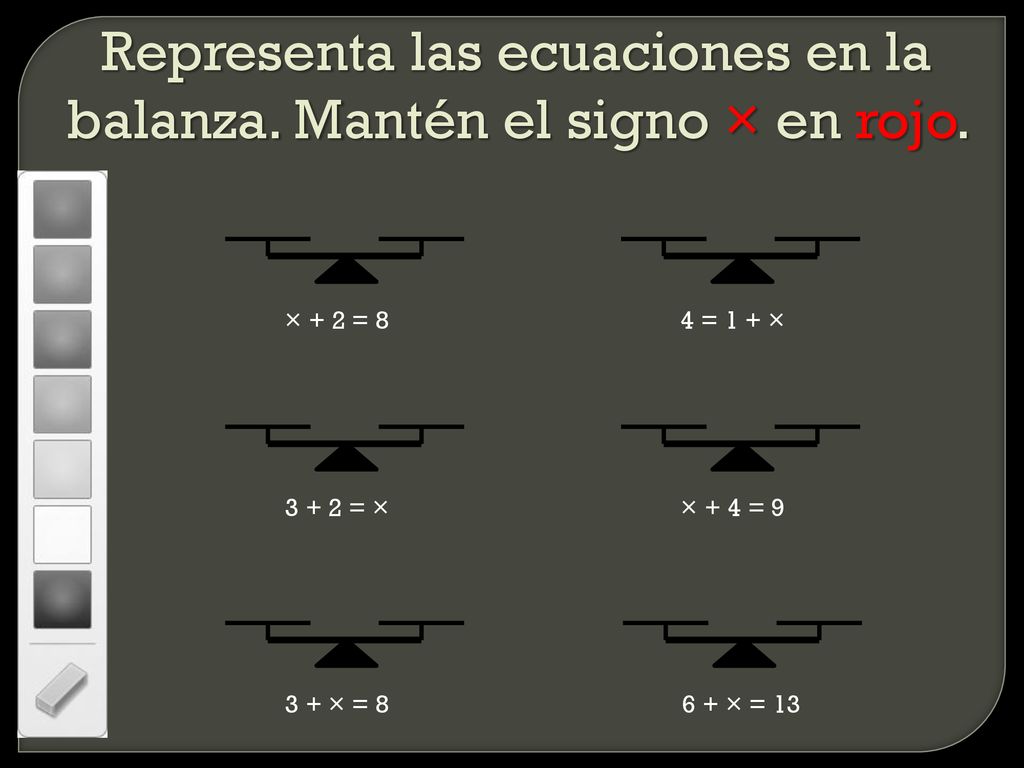 Representa las ecuaciones en la balanza. Mantén el signo × en rojo.