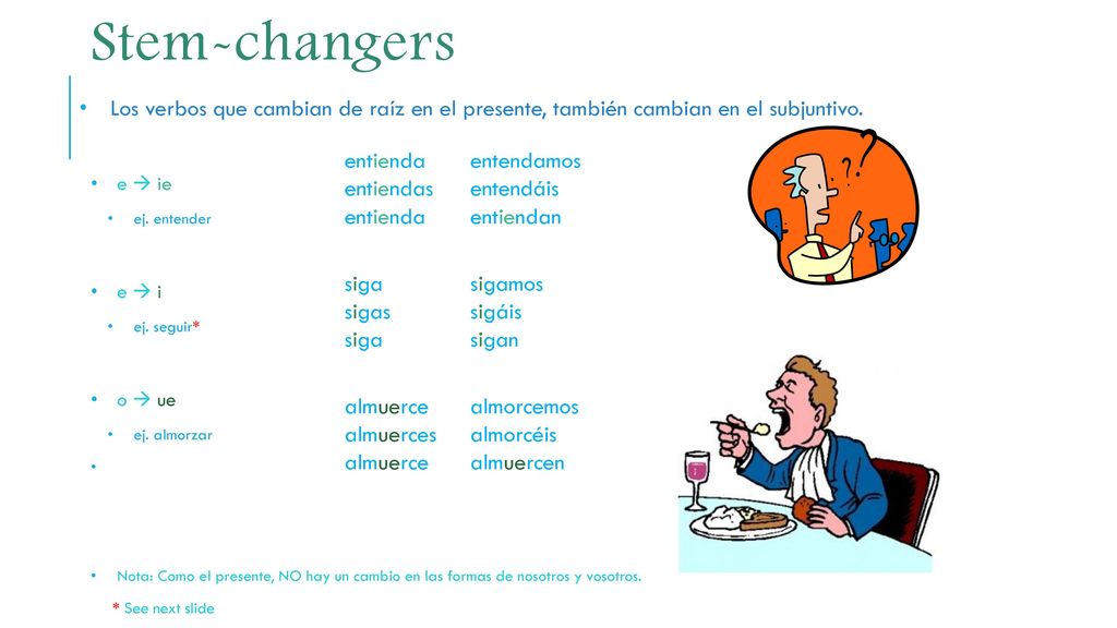 Stem-changers Los verbos que cambian de raíz en el presente, también cambian en el subjuntivo. e  ie.
