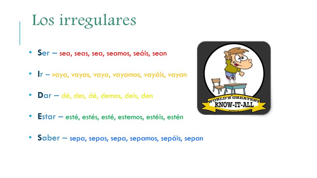 Los irregulares Ser – sea, seas, sea, seamos, seáis, sean