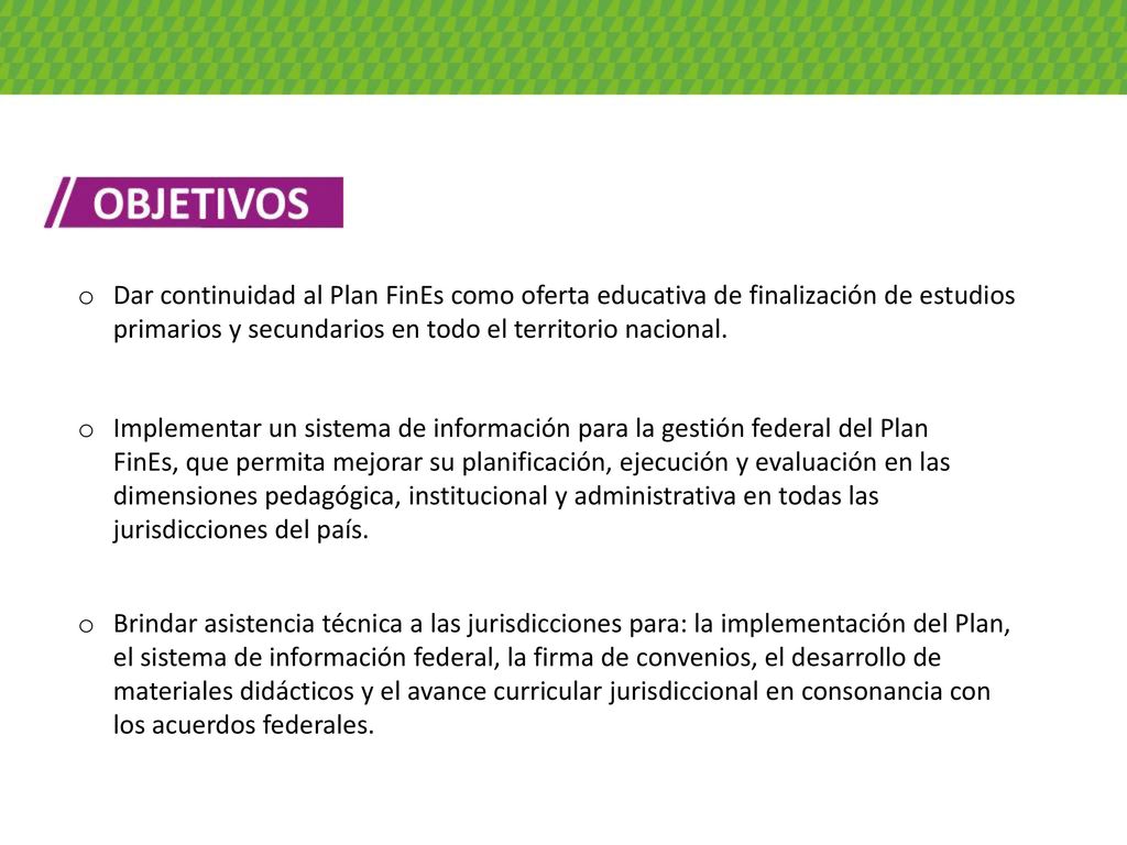Dar continuidad al Plan FinEs como oferta educativa de finalización de estudios primarios y secundarios en todo el territorio nacional.