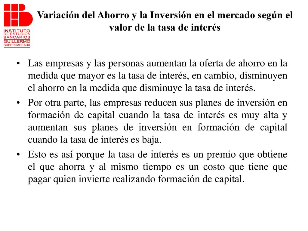 Variación del Ahorro y la Inversión en el mercado según el valor de la tasa de interés
