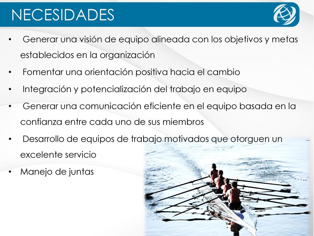 NECESIDADES Generar una visión de equipo alineada con los objetivos y metas establecidos en la organización.