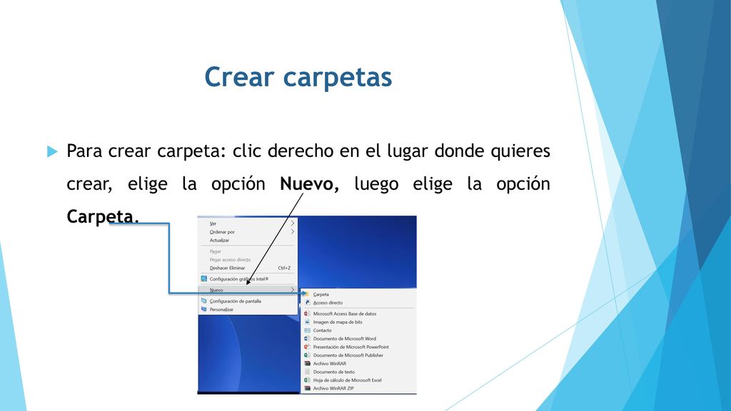 Crear carpetas Para crear carpeta: clic derecho en el lugar donde quieres crear, elige la opción Nuevo, luego elige la opción Carpeta.