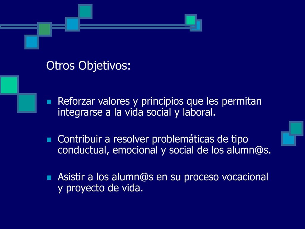 Otros Objetivos: Reforzar valores y principios que les permitan integrarse a la vida social y laboral.