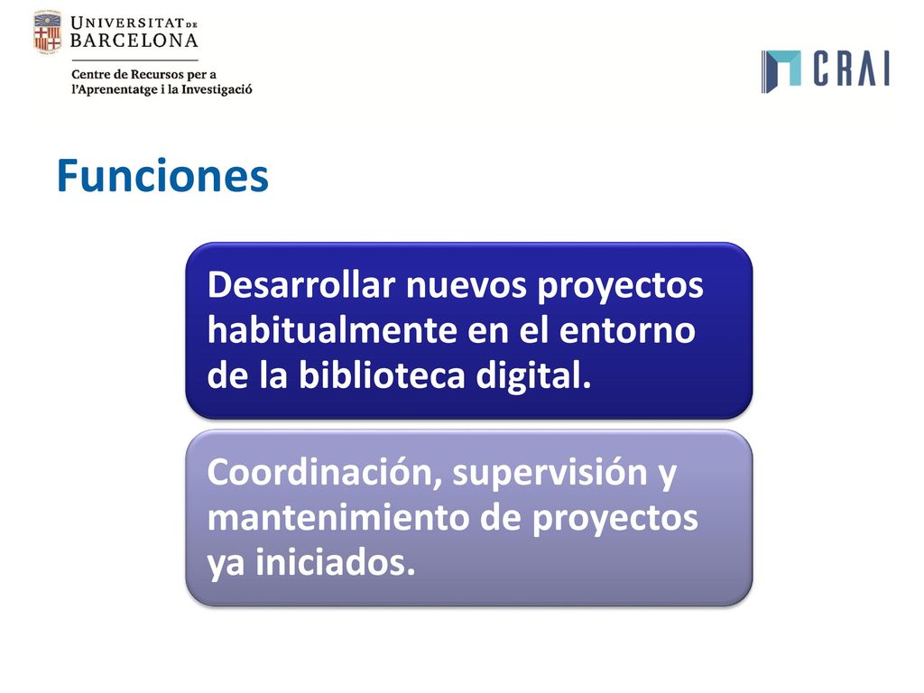 Funciones Desarrollar nuevos proyectos habitualmente en el entorno de la biblioteca digital.