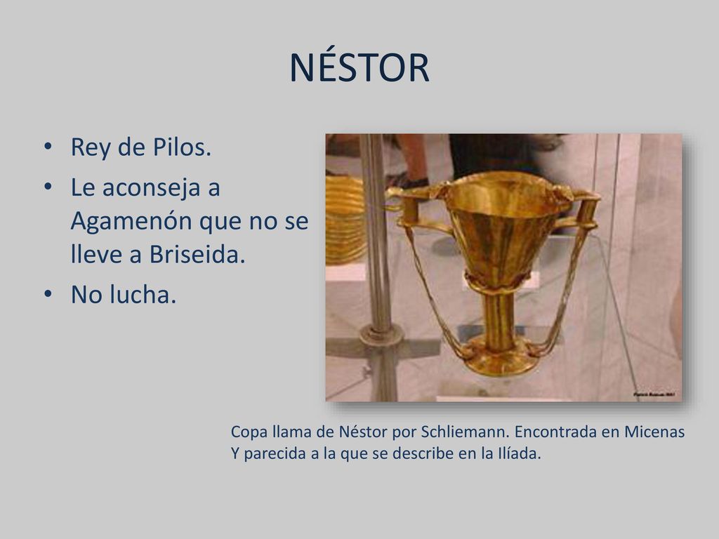 NÉSTOR Rey de Pilos. Le aconseja a Agamenón que no se lleve a Briseida. No lucha.