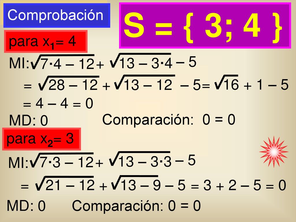 S = { 3; 4 } Comprobación para x1= 4 MI: 7·4 – – 3·4 + – 5