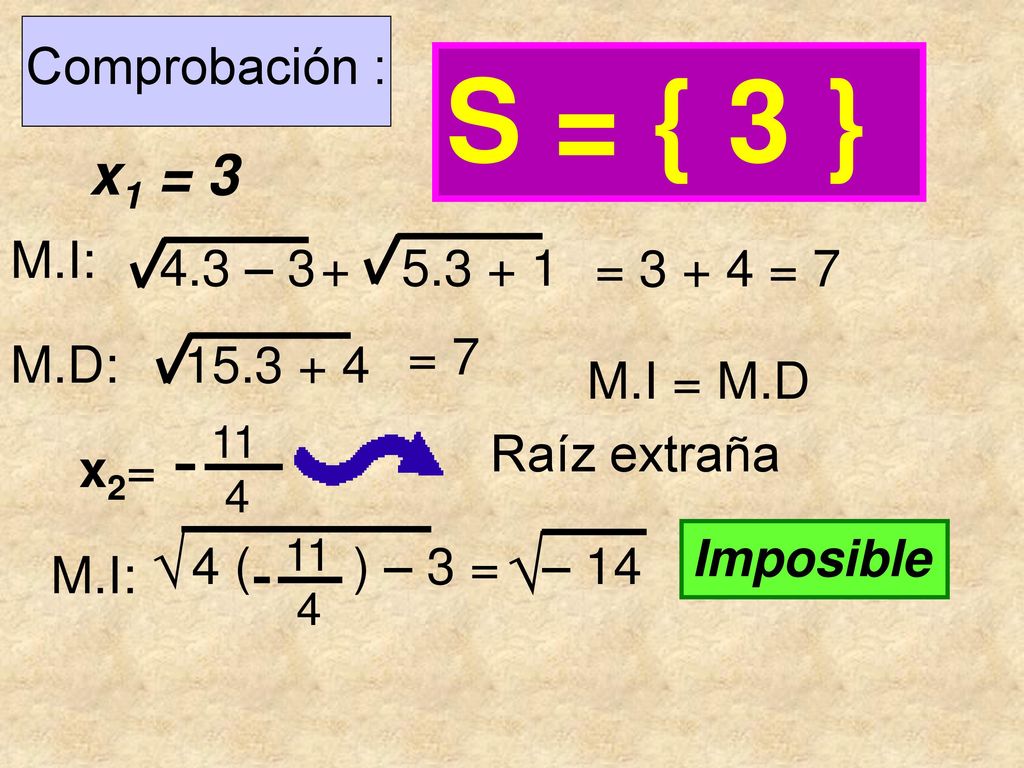 S = { 3 } √ √ x1 = 3 Comprobación : M.I: 4.3 – = = 7