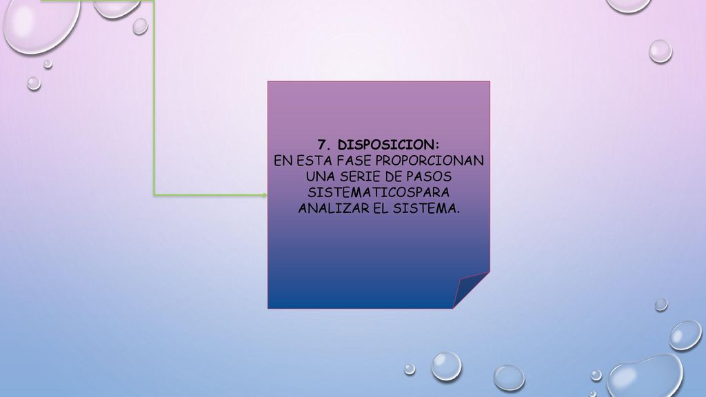 DISPOSICION: EN ESTA FASE PROPORCIONAN UNA SERIE DE PASOS SISTEMATICOSPARA ANALIZAR EL SISTEMA.