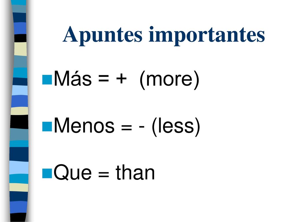 Apuntes importantes Más = + (more) Menos = - (less) Que = than