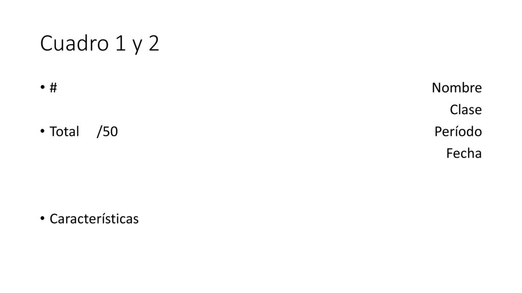 Cuadro 1 y 2 # Total /50 Características Nombre Clase Período Fecha