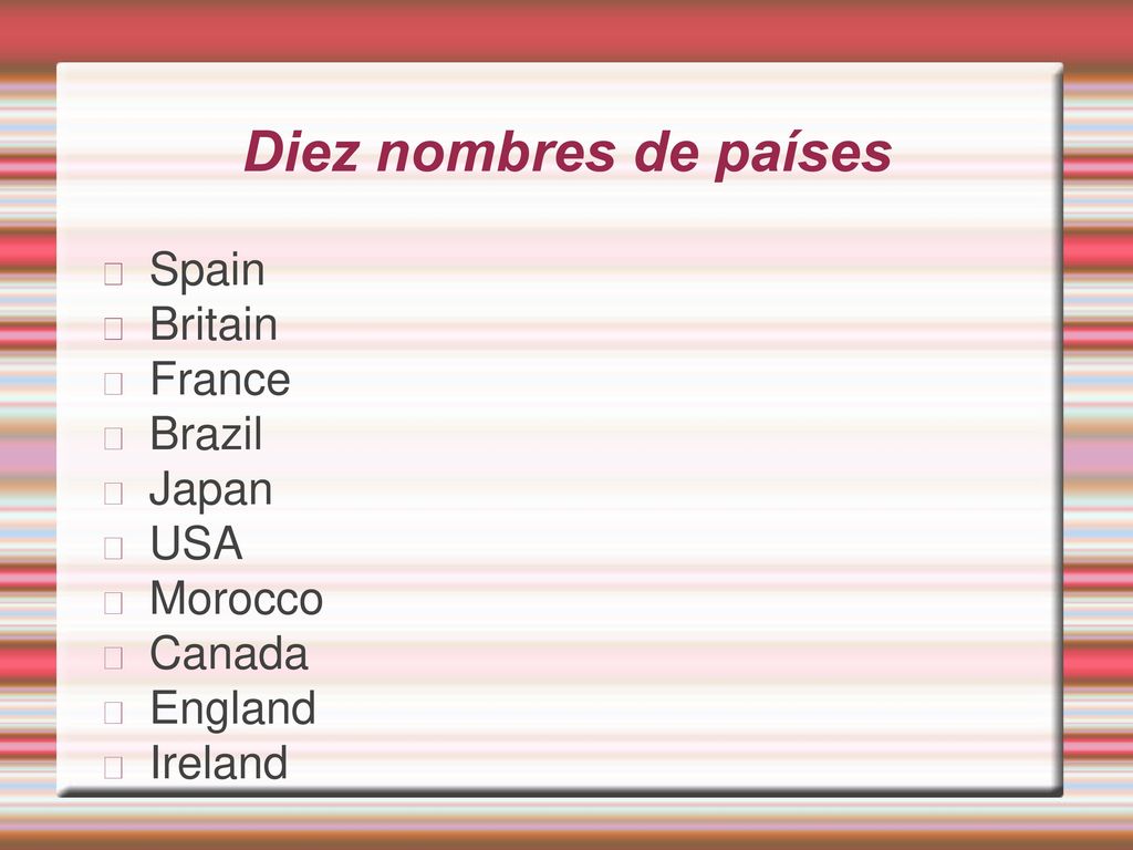 Diez nombres de países Spain Britain France Brazil Japan USA Morocco