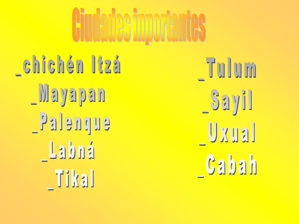 Ciudades inportantes _chichén Itzá _Mayapan _Palenque _Labná _Tikal _Tulum _Sayil _Uxual _Cabah