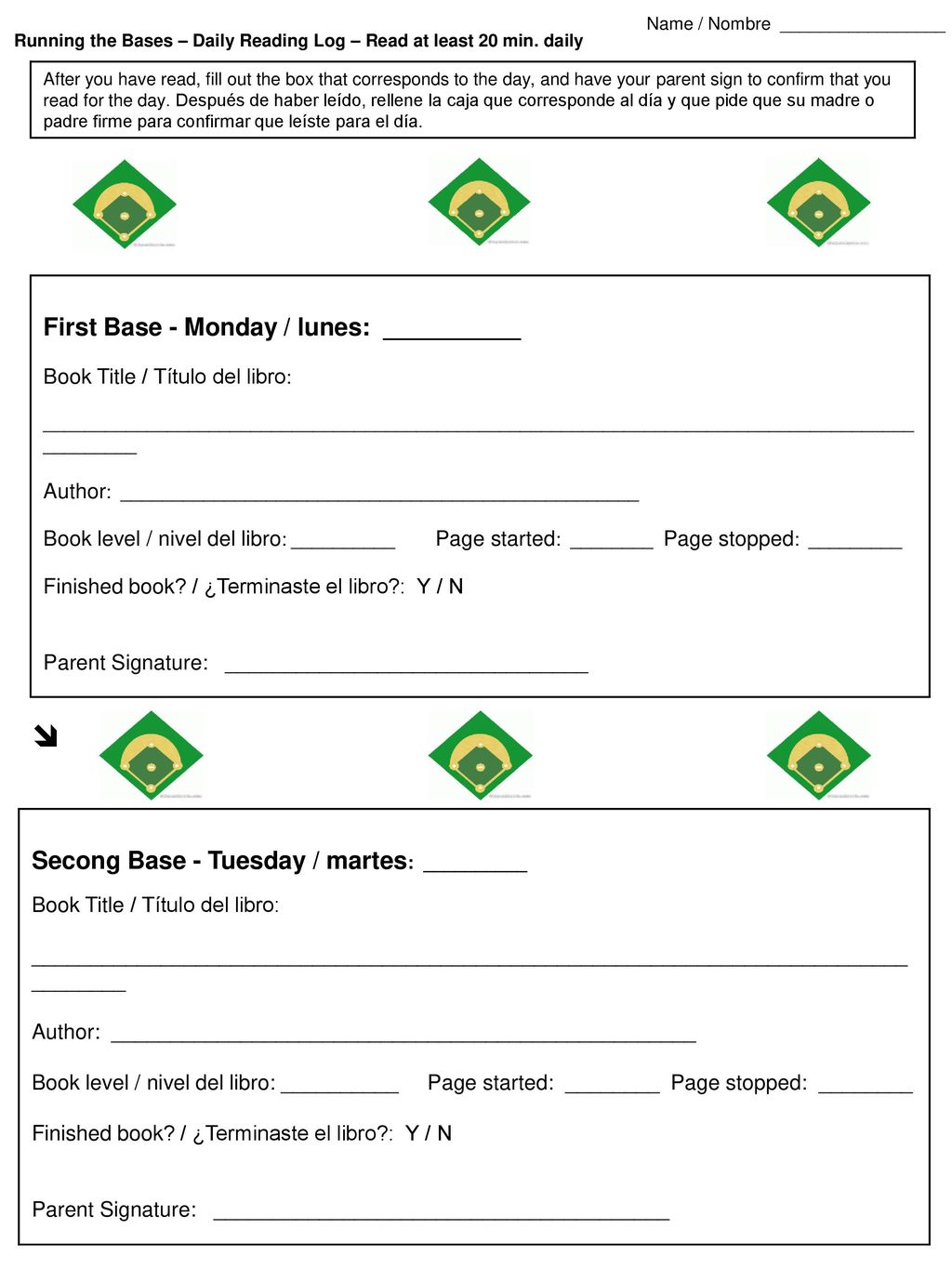   First Base - Monday / lunes: __________
