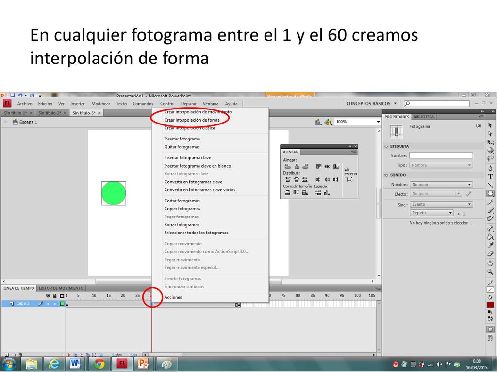 En cualquier fotograma entre el 1 y el 60 creamos interpolación de forma